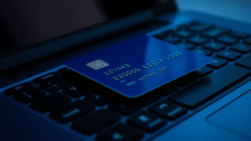 A close up of a modern blue debit card resting on a dark sle