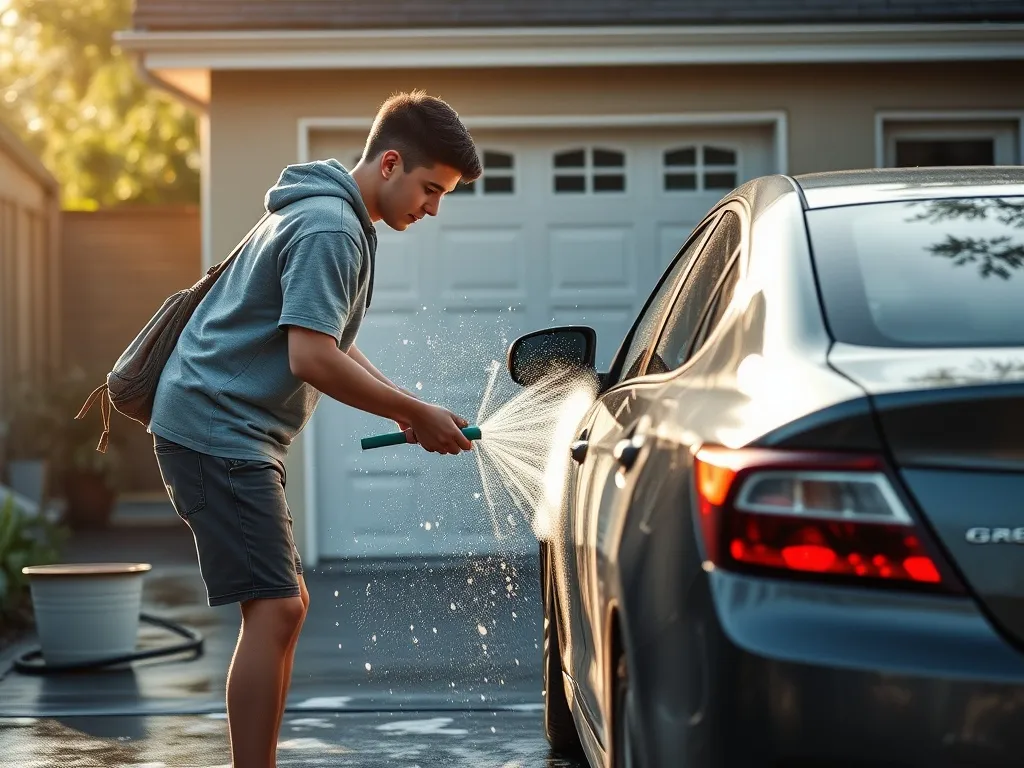 A teenage boy helping to wash a car in a driveway, realistic