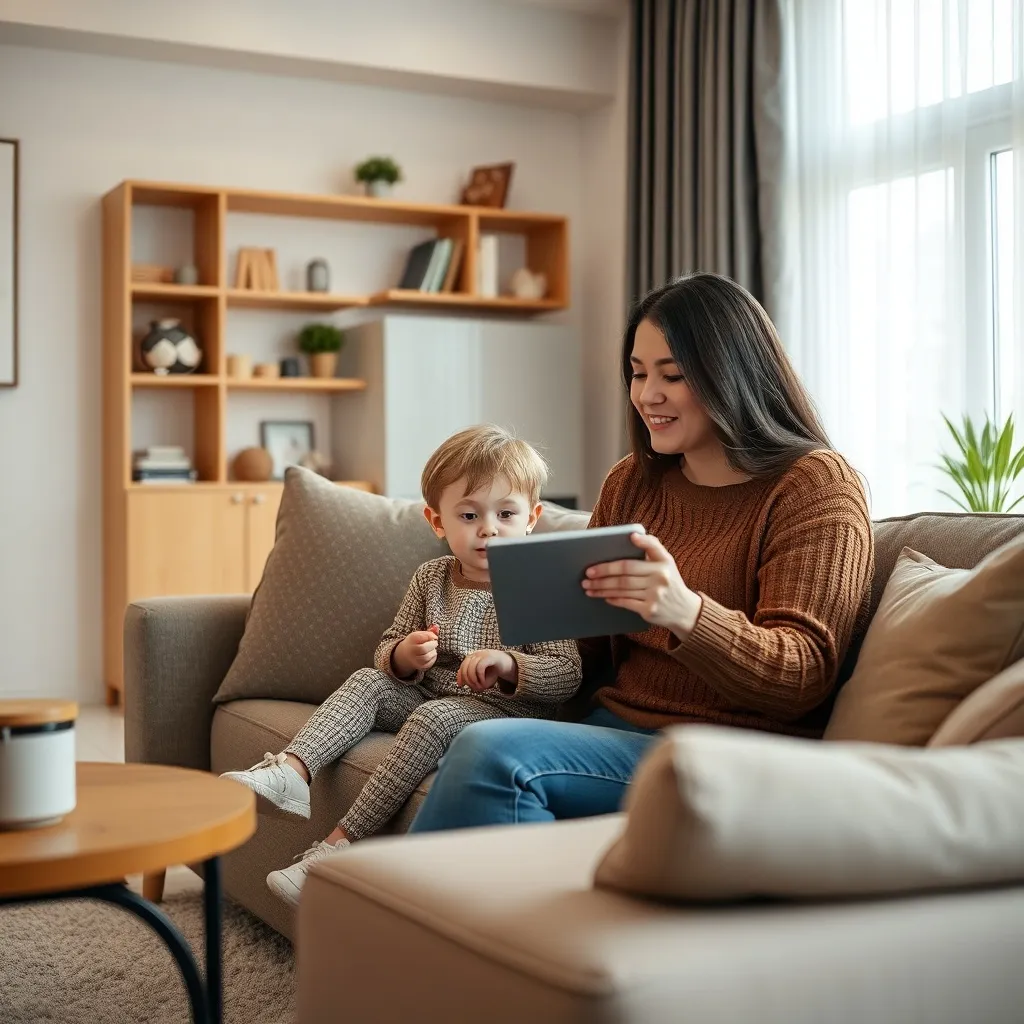 A cozy living room where a parent and child are looking at a