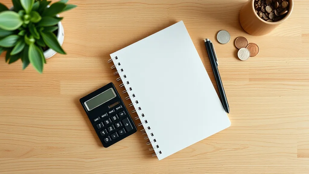A clean, minimalist flat lay of a wooden desk with a noteboo