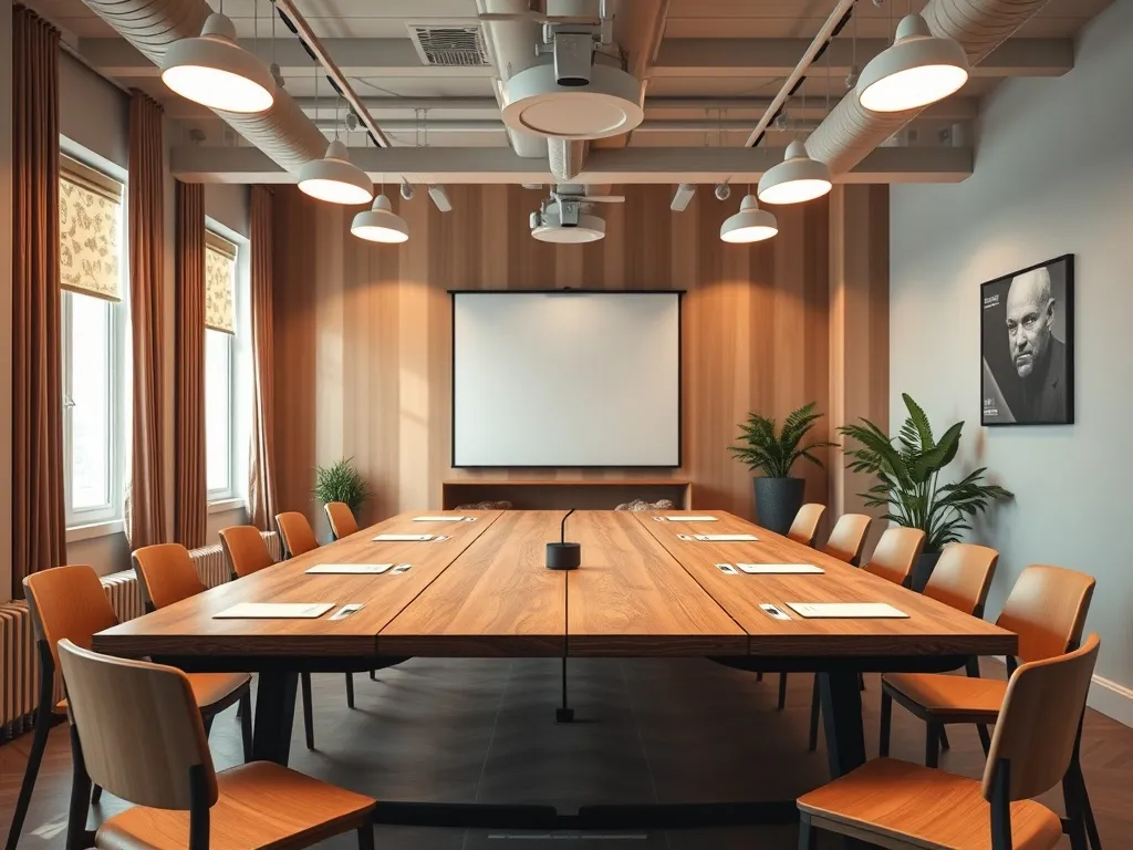A cozy, modern community meeting space with wooden tables an