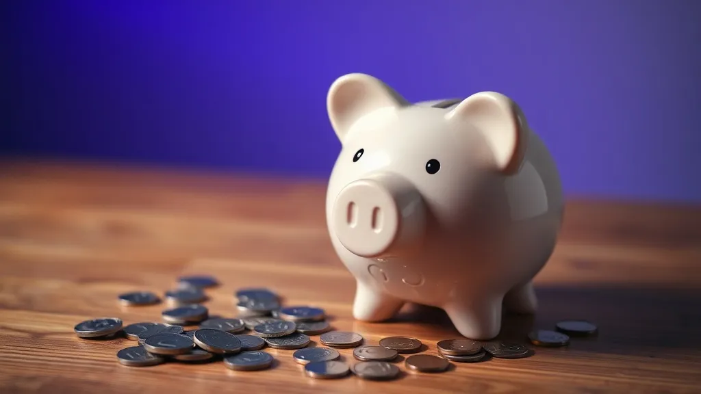 A close-up of a piggy bank on a wooden table with scattered