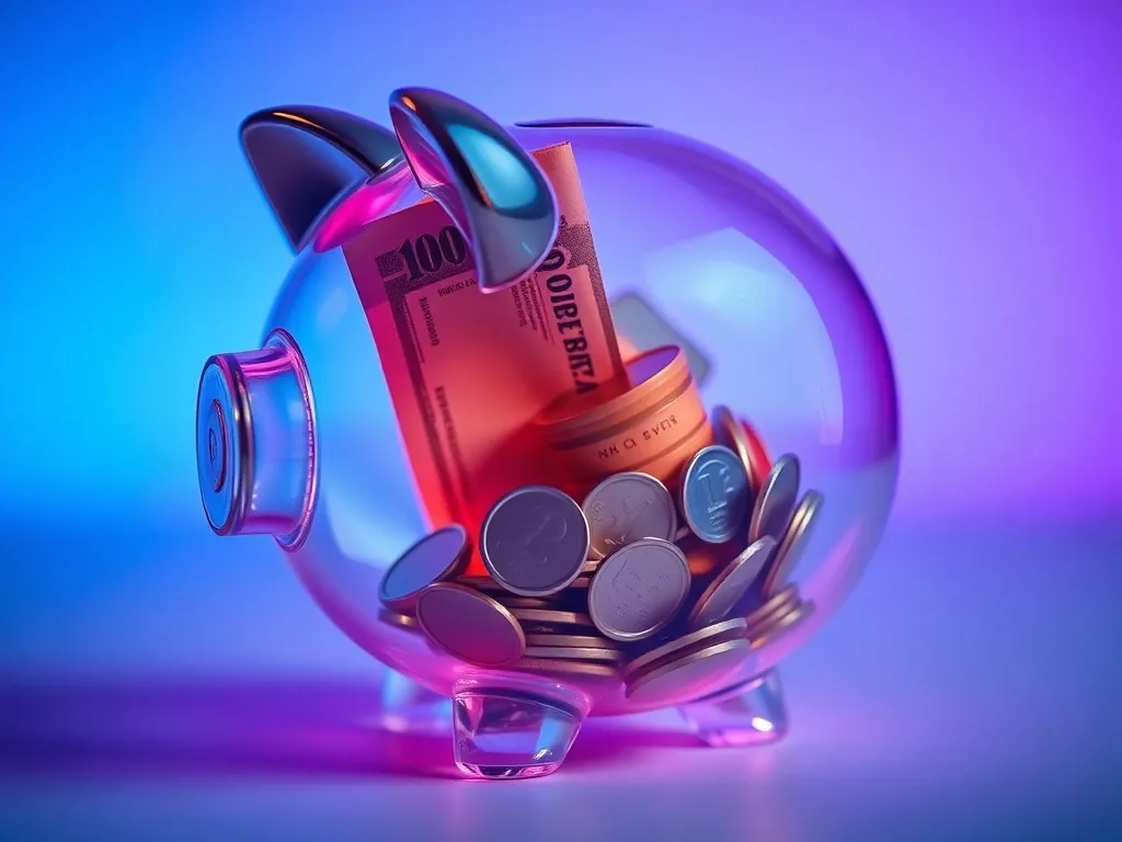 A close-up of a modern transparent piggy bank with some coin