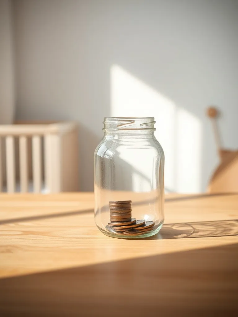 A clear glass jar with a few coins inside sitting on a woode
