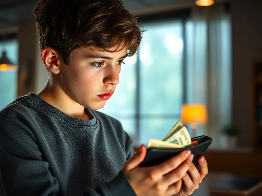 A teenager looking at an empty wallet with a confused expres